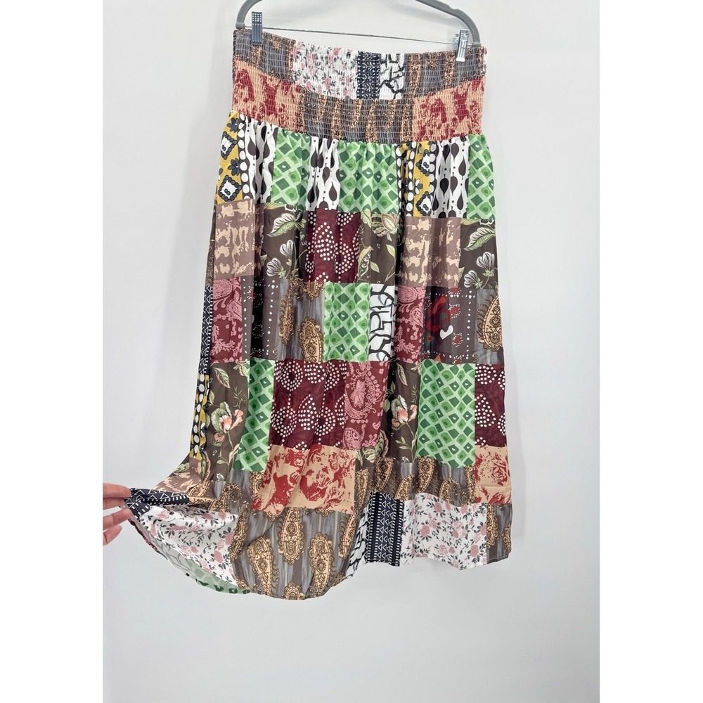 Hippie Boho Prairie Patchwork Maxi Skirt Size XL Shabby Quilted Flowy Stretch